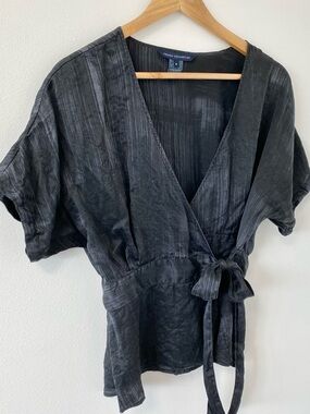 100% Silk Y2K Wrap Top Soft Black Self Tie Bow Light Drop Sleeve Light Medium 8